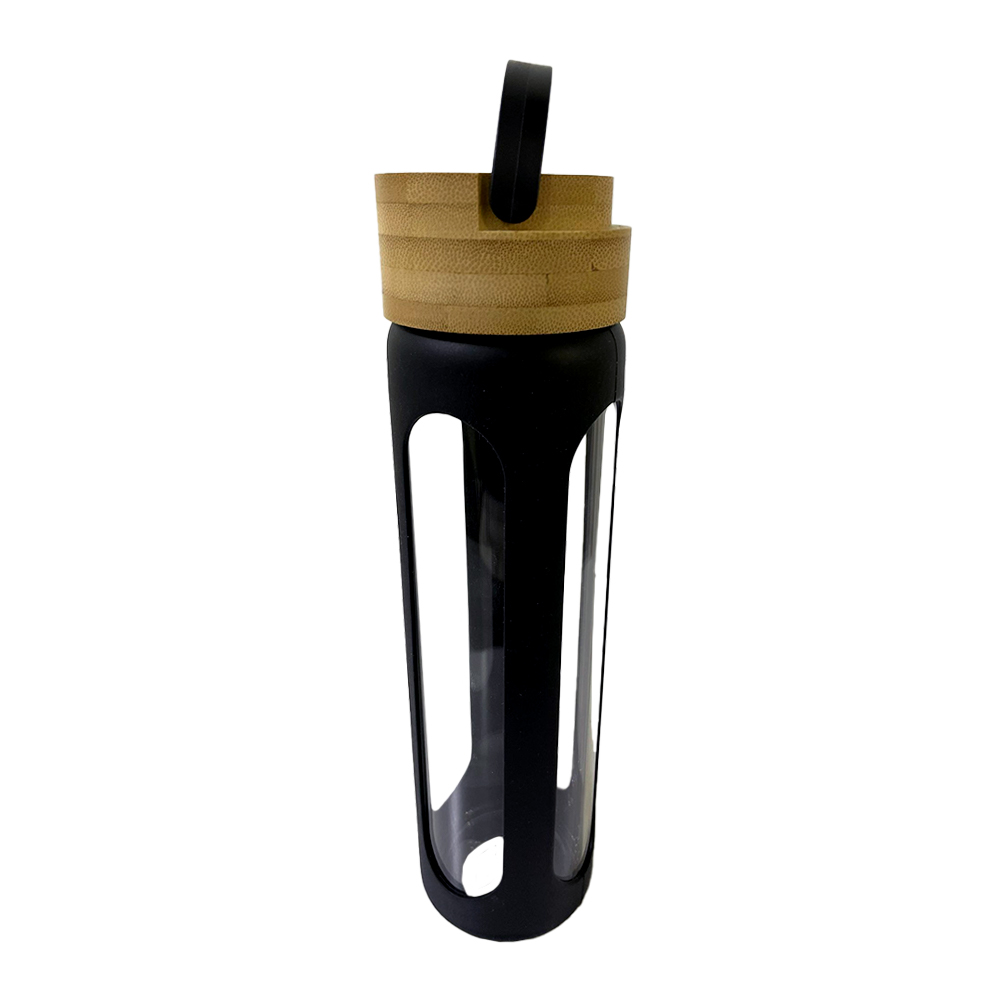 Sticlă portabilă de apă, cu mâner, manșon din silicon, neagră, 600 ml