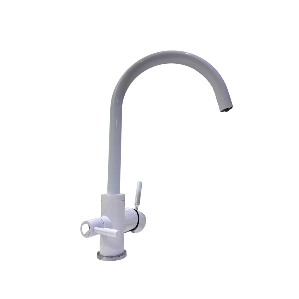 Baterie cu 3 căi, alamă,  DG-B3302-MW, pentru  apă filtrată, caldă/ rece,  rotire 360°, debit  ajustabil, alb
