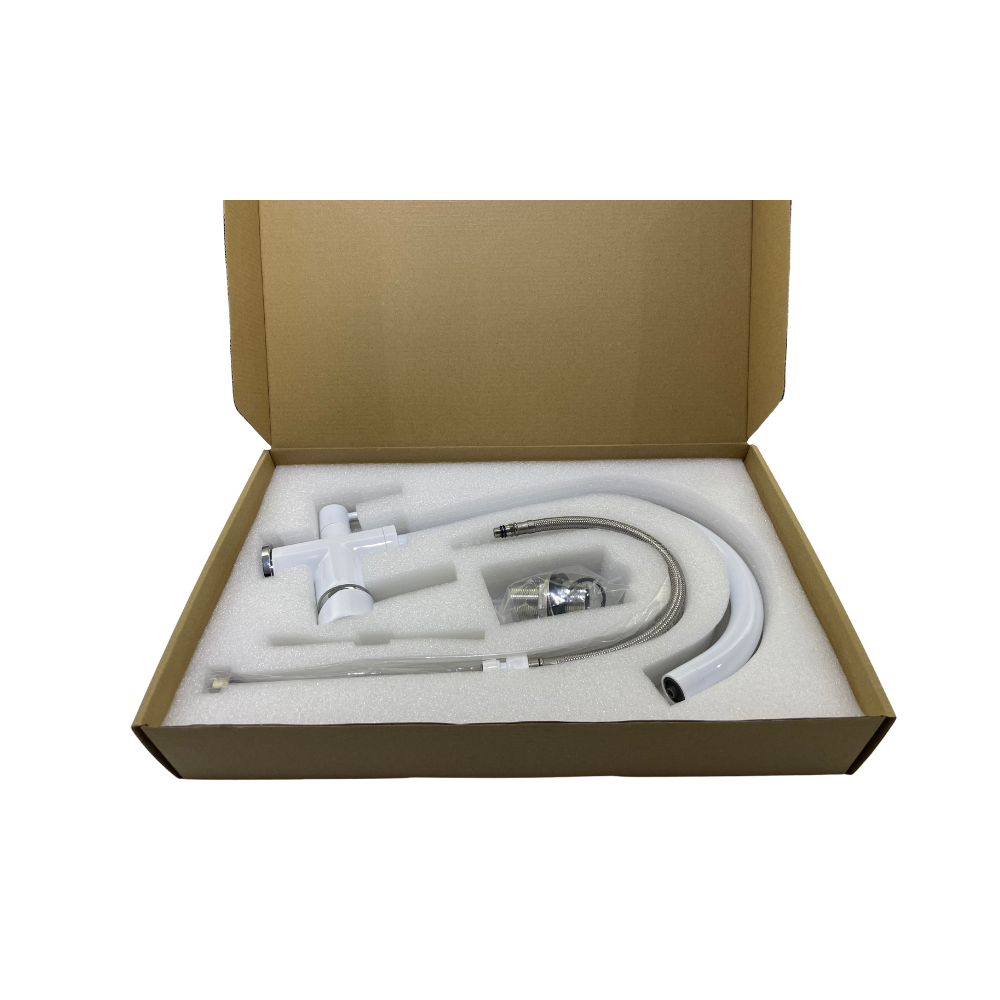 Baterie cu 3 căi, alamă,  DG-B3302-MW, pentru  apă filtrată, caldă/ rece,  rotire 360°, debit  ajustabil, alb