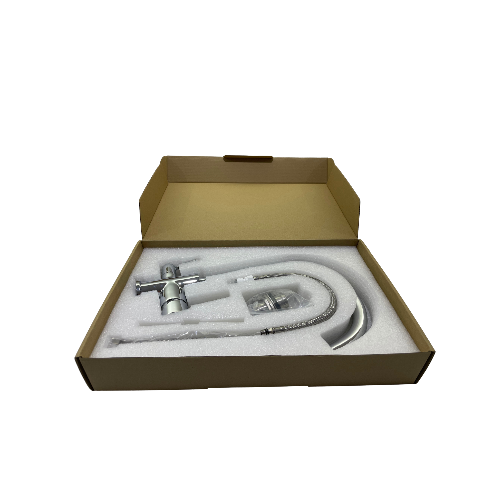 Baterie cu 3 căi, alamă, DG-B3302-CR , pentru apă filtrată, caldă/ rece, rotire 360°, debit ajustabil, cromată, gri