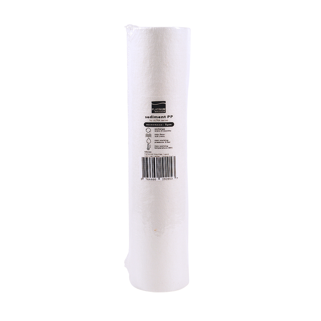Cartus filtrant polipropilena, PLAT-PSED-05, Platinum Wasser, 5 micorni, Capacitate: 6 luni sau 12.000 litri, debit maxim: pana la 15 l/min, alb