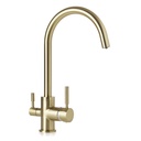 Baterie AWE cu 3 cai, alama, pentru apa filtrata, calda/ rece, rotire 360°, debit ajustabil, auriu