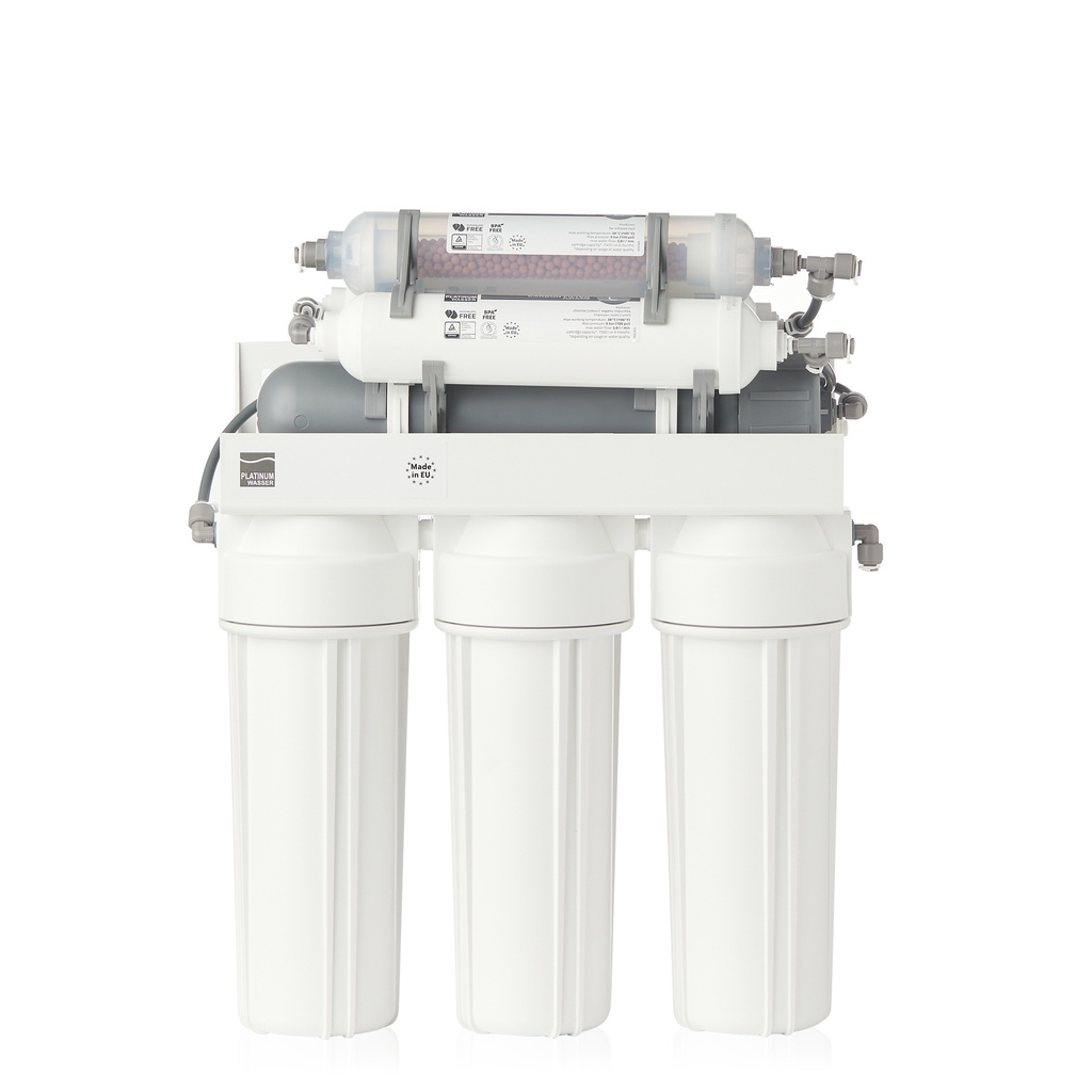 Osmoza inversa PLAT-F-ULTRA7, cu &amp; trepte de filtrare, cartus de re-mineralizare, cartus bioceramic, butelie de 12l si robinet cu 2 cai inclus